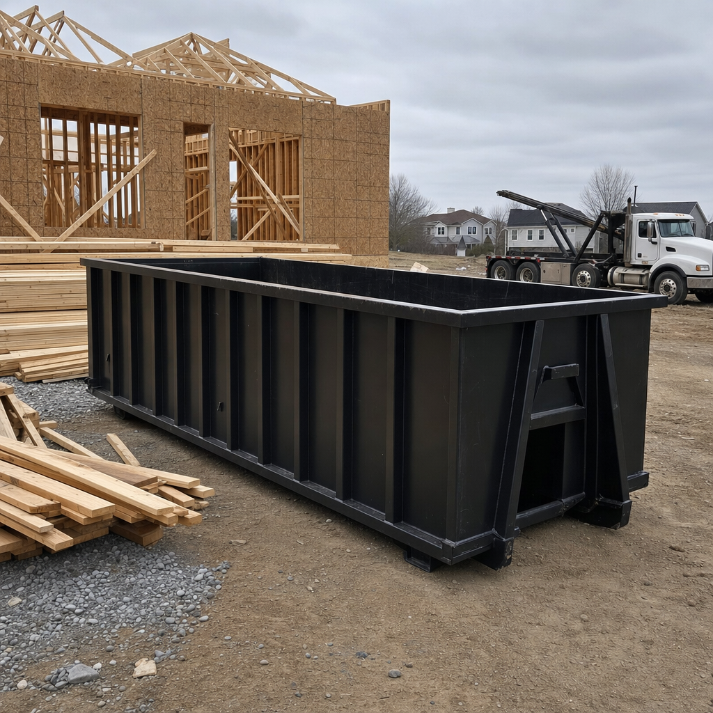 Matte-black 40-yard roll-off dumpster staged on a framed-out residential construction site in Cedar Rapids, framing lumber stacked nearby, hooklift delivery truck visible in the background under bright Colorado daylight