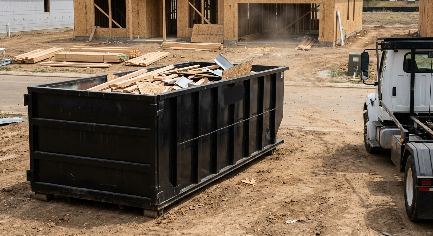 Matte-black 20-yard roll-off construction dumpster with heavy ribbed steel sidewalls and swing rear doors at a working jobsite in Cedar Rapids, sitting directly on compacted dirt with an unmarked white hauler partially visible at the far edge of the frame.