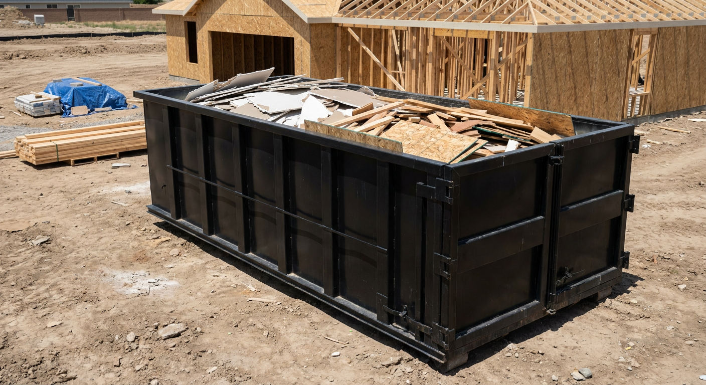 Matte-black 30-yard roll-off construction dumpster sitting directly on the compacted-dirt site of a framed single-family home build in Cedar Rapids, drywall and lumber scrap loaded inside.