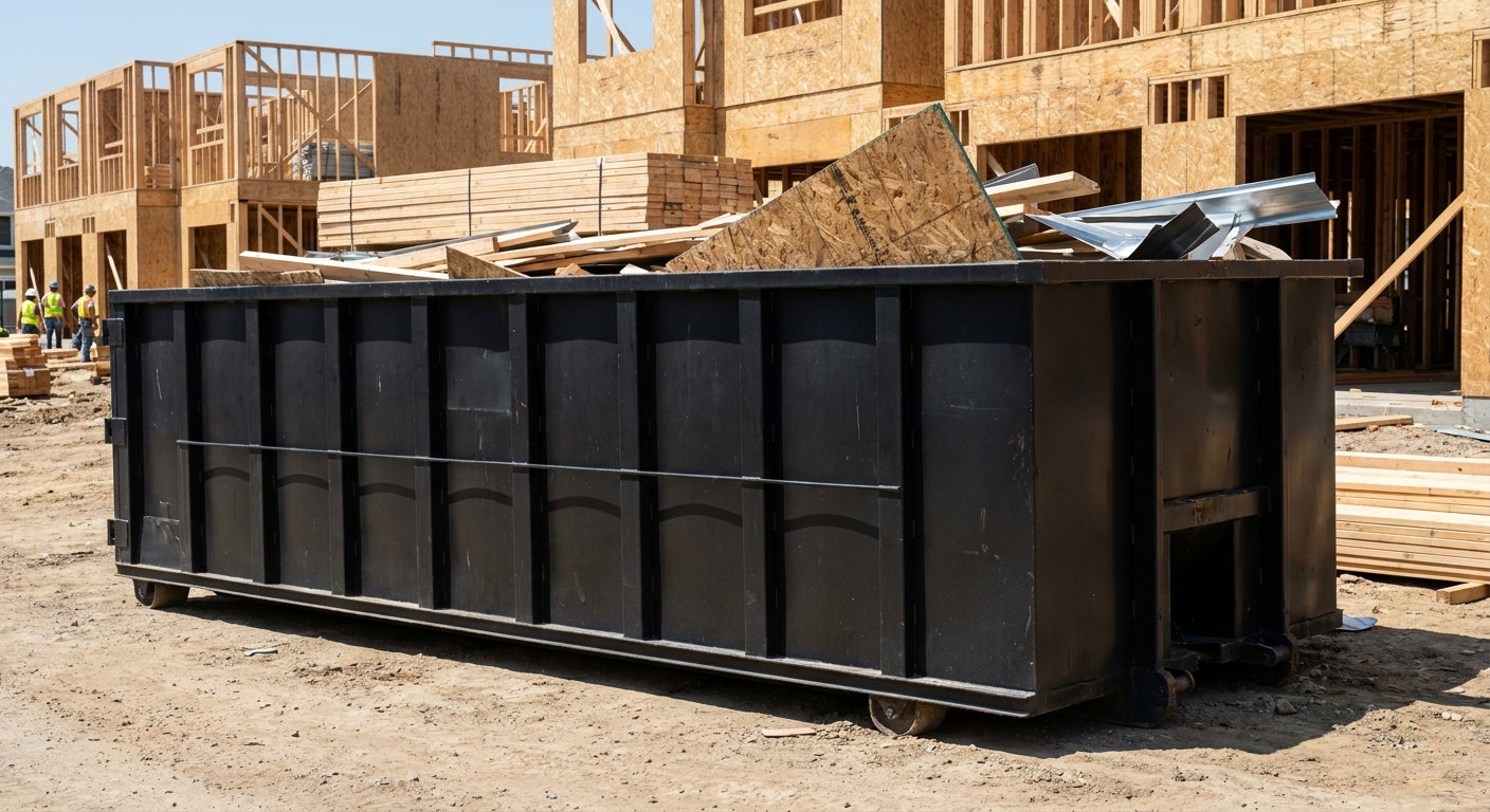 Matte-black 40-yard roll-off construction dumpster being lowered from a white-cab hooklift delivery truck onto the compacted-dirt jobsite at a commercial build site in Cedar Rapids