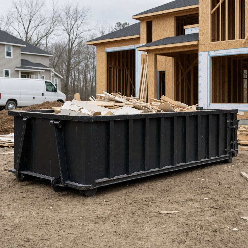 Worker in a yellow high-visibility vest tossing framing lumber and broken drywall into a matte-black 30-yard construction roll-off dumpster on an active build site in Cedar Rapids, bright daylight