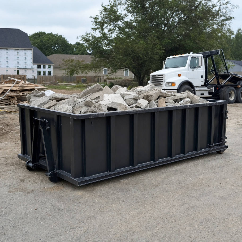 Low-profile matte-black lowboy roll-off dumpster loaded with broken concrete slab and rebar at a foundation tear-out in Cedar Rapids, skid steer parked beside it, sunny Colorado morning