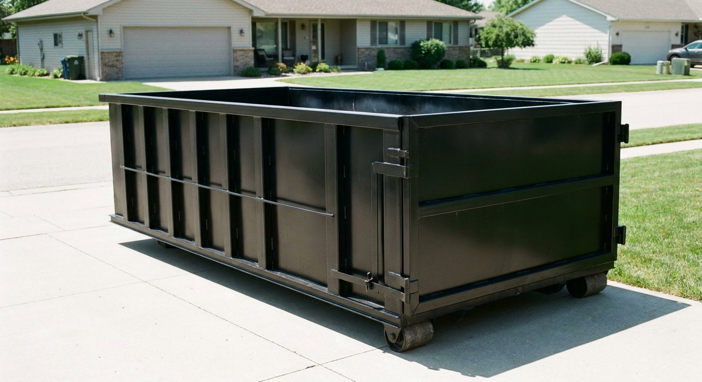 Matte-black 10-yard roll-off dumpster on a residential concrete driveway in Cedar Rapids, uniformly painted matte black across every panel and rail, ribbed steel sidewalls and rear swing door visible, mid-day daylight.