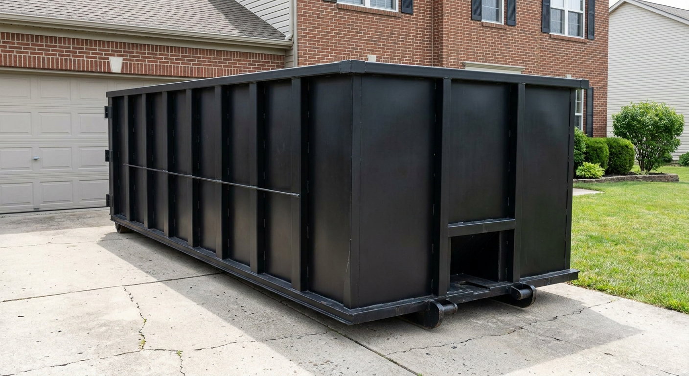 Matte-black 20-yard roll-off container on a Cedar Rapids residential concrete driveway with reinforced ribbed steel sidewalls and a hinged rear walk-in door, clean bright daylight.