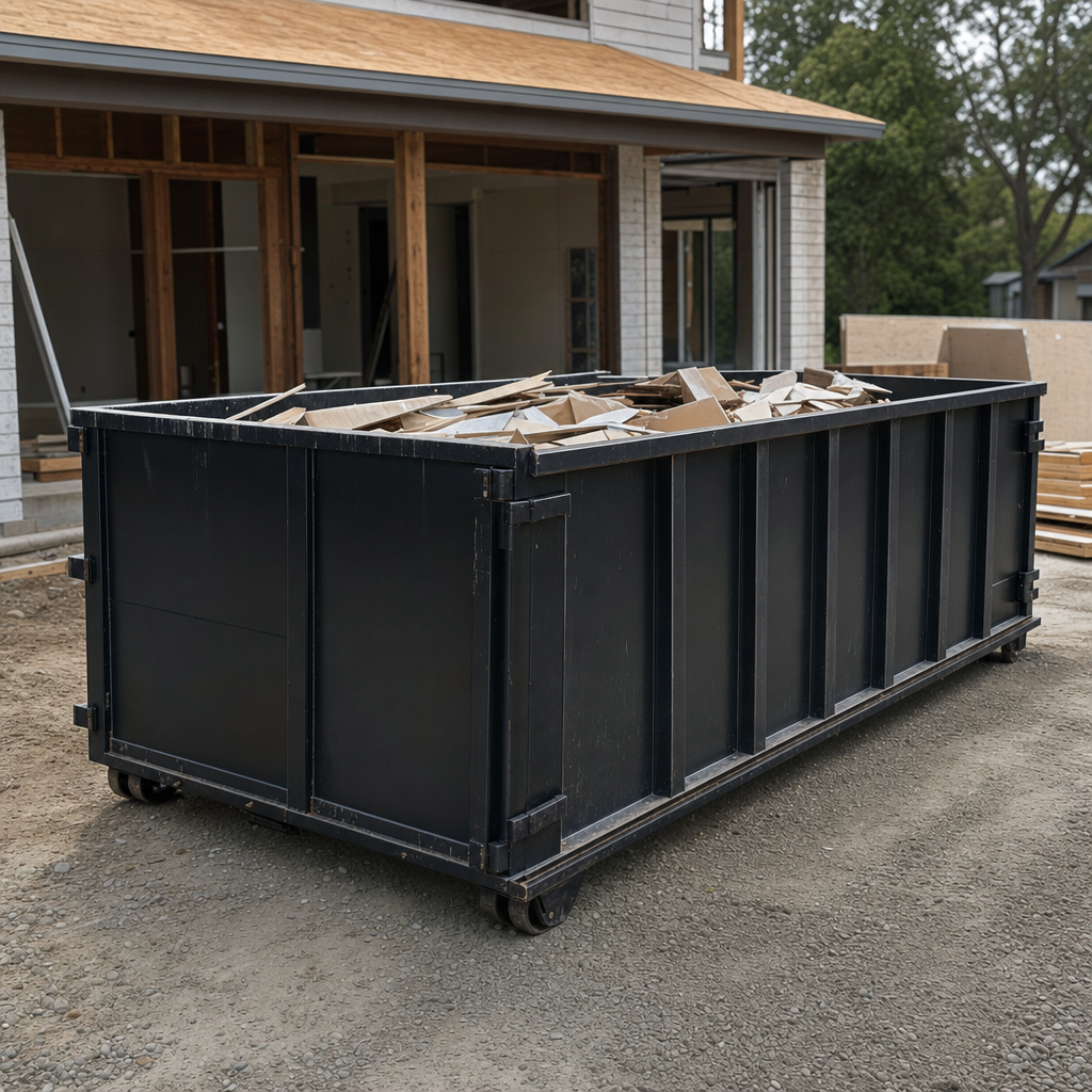 Large matte-black 30-yard construction roll-off dumpster at an active Cedar Rapids jobsite, steel-gray top rails and bottom rollers visible, loaded with construction debris.
