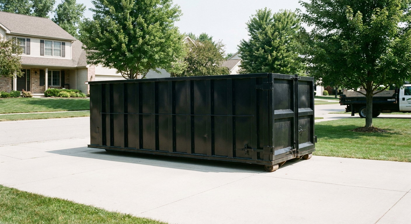 Matte-black 20-yard roll-off dumpster sitting level on a clean Cedar Rapids residential concrete driveway under bright daylight, demonstrating clean placement directly on the concrete.