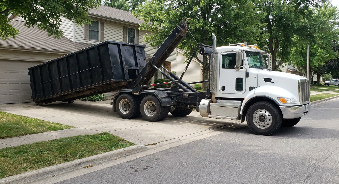 White-cab hooklift roll-off truck actively lowering a matte-black dumpster onto a Cedar Rapids residential concrete driveway, the dumpster's rear wheels touching the driveway as the hoist arm tilts the bed forward, mid-morning daylight.