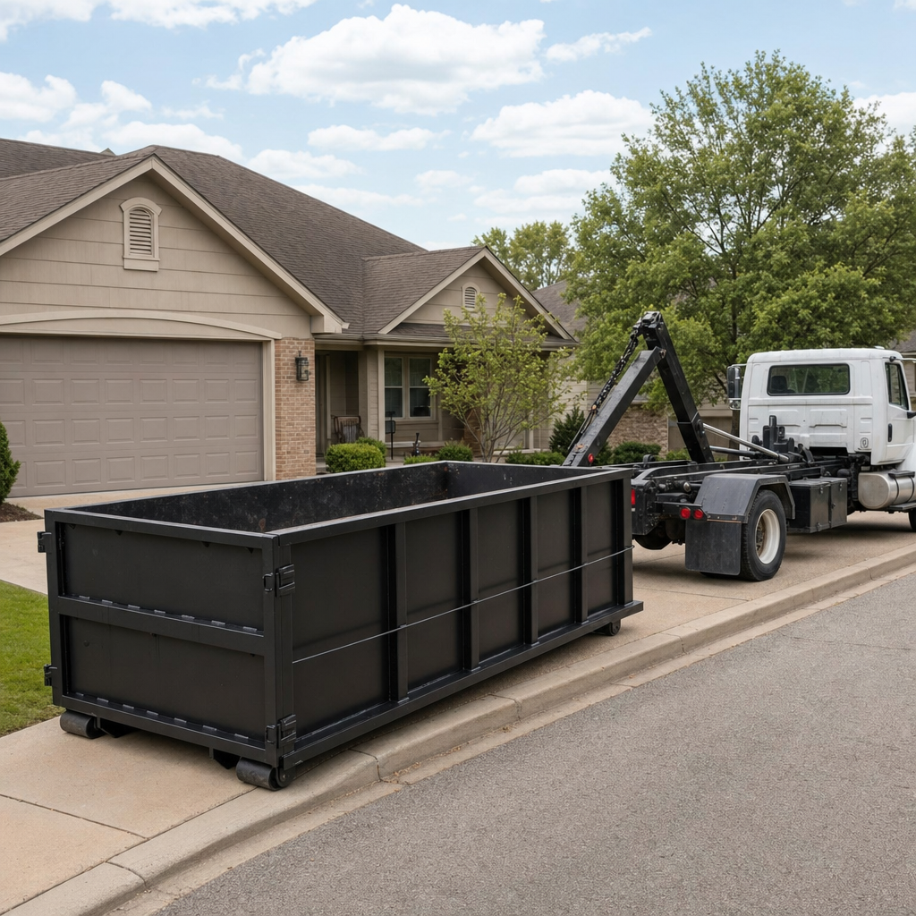 Wide documentary shot of a matte-black roll-off dumpster on a Cedar Rapids residential driveway in the foreground and a contractor jobsite container in the soft-focus background, bright daylight, calm and orderly composition.