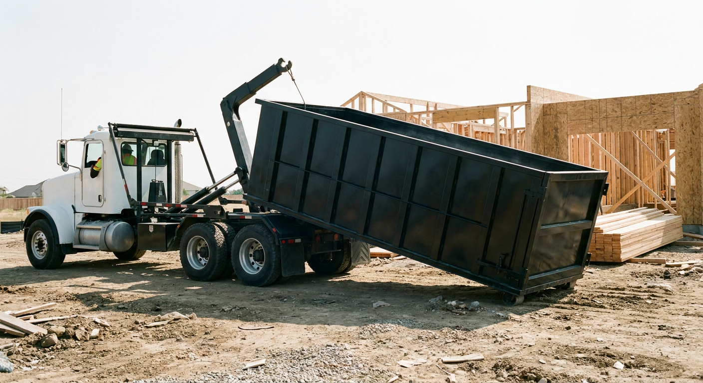 Matte-black roll-off dumpster being delivered onto a clean residential concrete driveway in Cedar Rapids by an unmarked white hooklift hauler truck, bright morning daylight, documentary 35mm perspective.