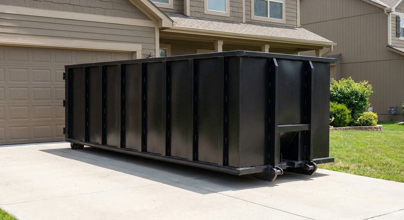 Matte-black residential roll-off dumpster sitting directly on a suburban Cedar Rapids concrete driveway, garage door closed, single-family home in background, bright morning daylight.