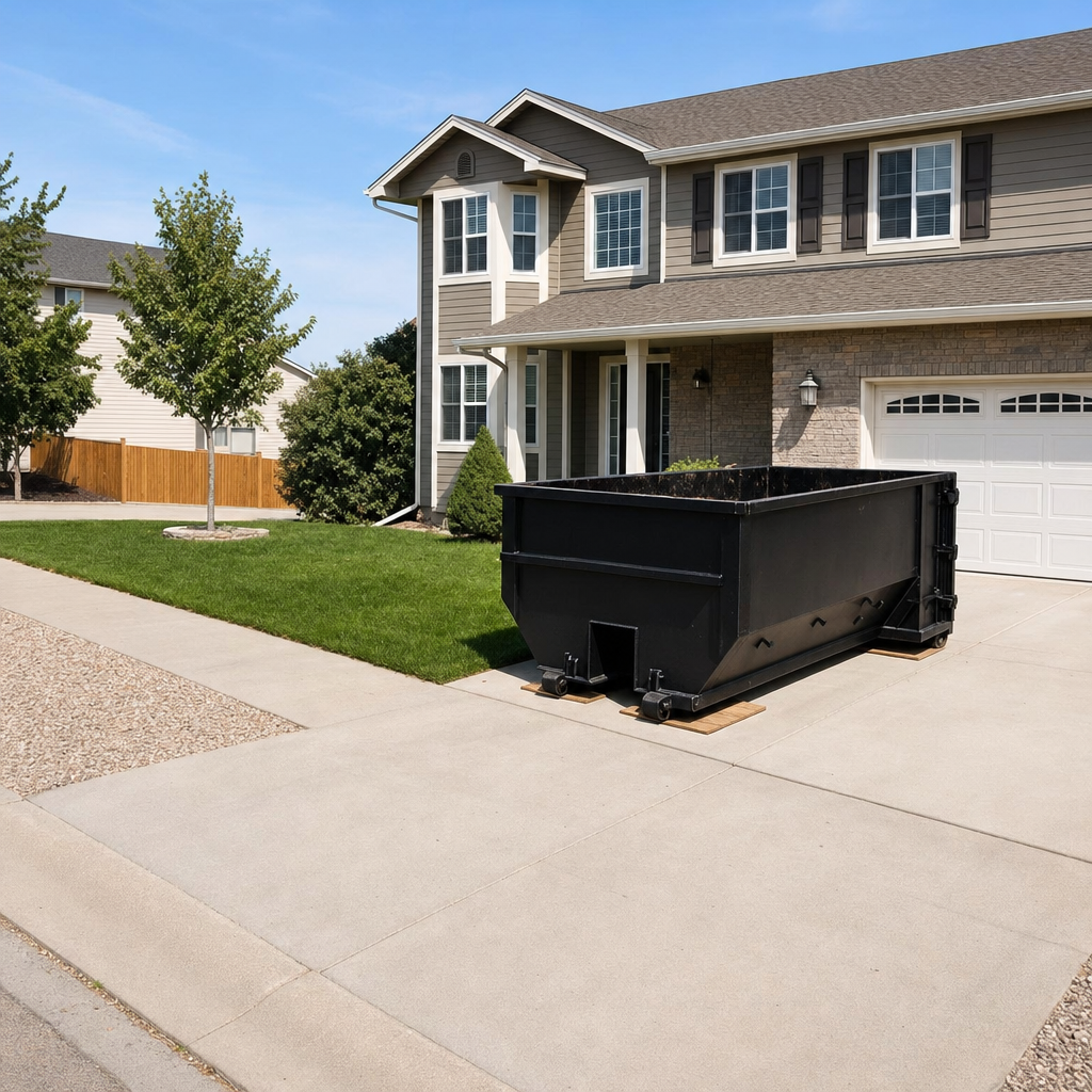 10-yard matte-black residential dumpster placed directly on a narrow Cedar Rapids concrete driveway, room remains for a parked sedan beside it, mid-morning natural light
