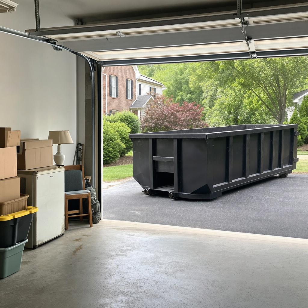 Open garage interior in a Cedar Rapids home mid-cleanout — boxed items, an old appliance, and stacked yard tools queued near the driveway for a matte-black roll-off dumpster, organized and calm