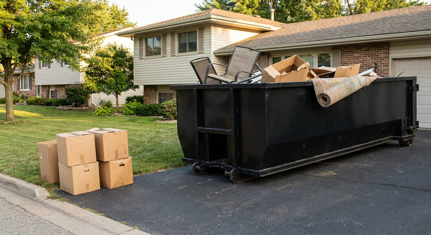 Front-yard view of a Cedar Rapids split-level home with a 20-yard matte-black roll-off dumpster sitting directly on the asphalt driveway, a few clearly labeled donation boxes staged at the curb, calm sunny afternoon.