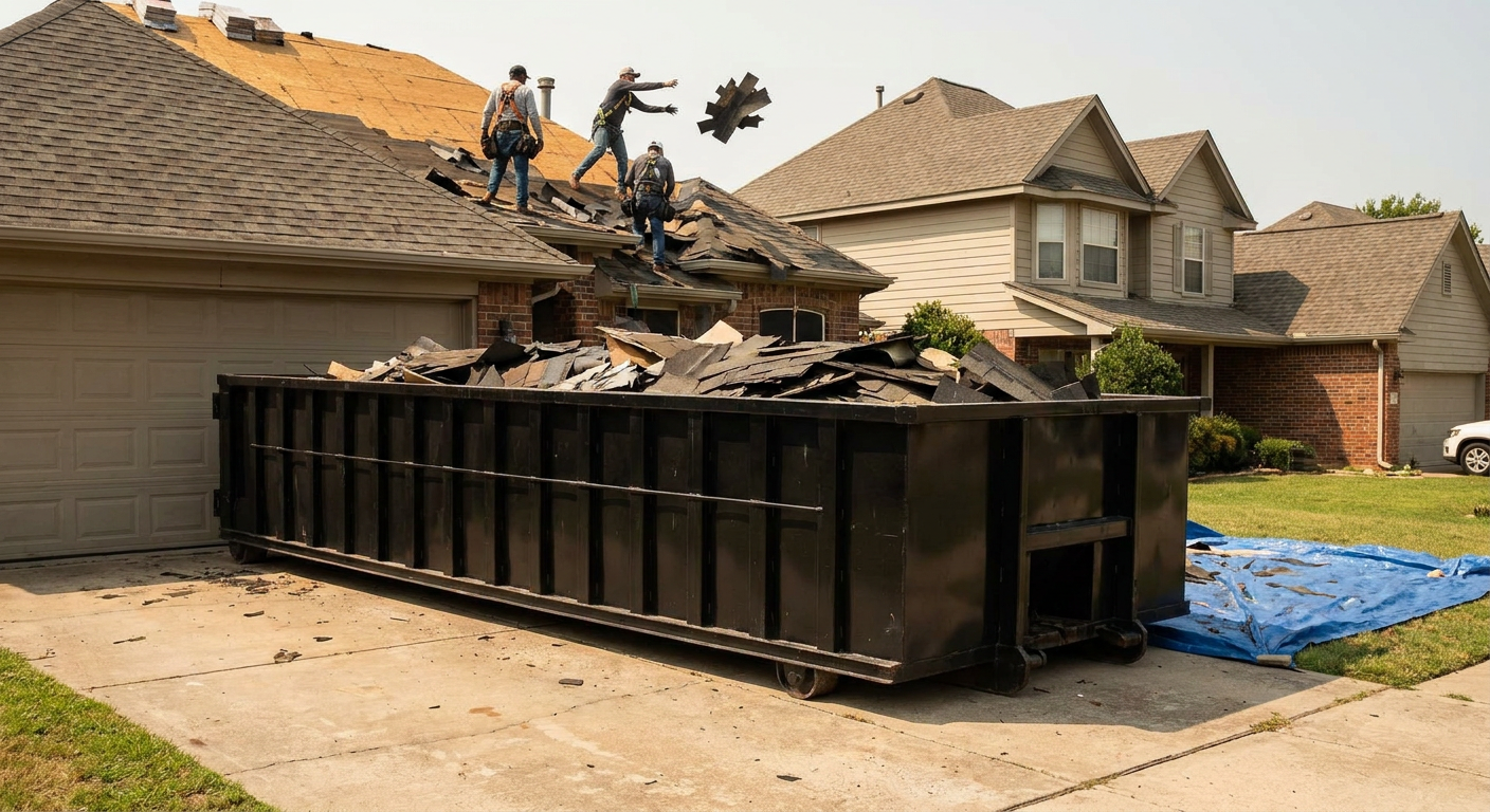 Matte-black roofing roll-off dumpster placed directly on a Cedar Rapids residential concrete driveway, a tear-off crew on a two-story asphalt-shingle roof tossing shingle bundles into the low-walled container, bright daylight, documentary 35mm perspective.