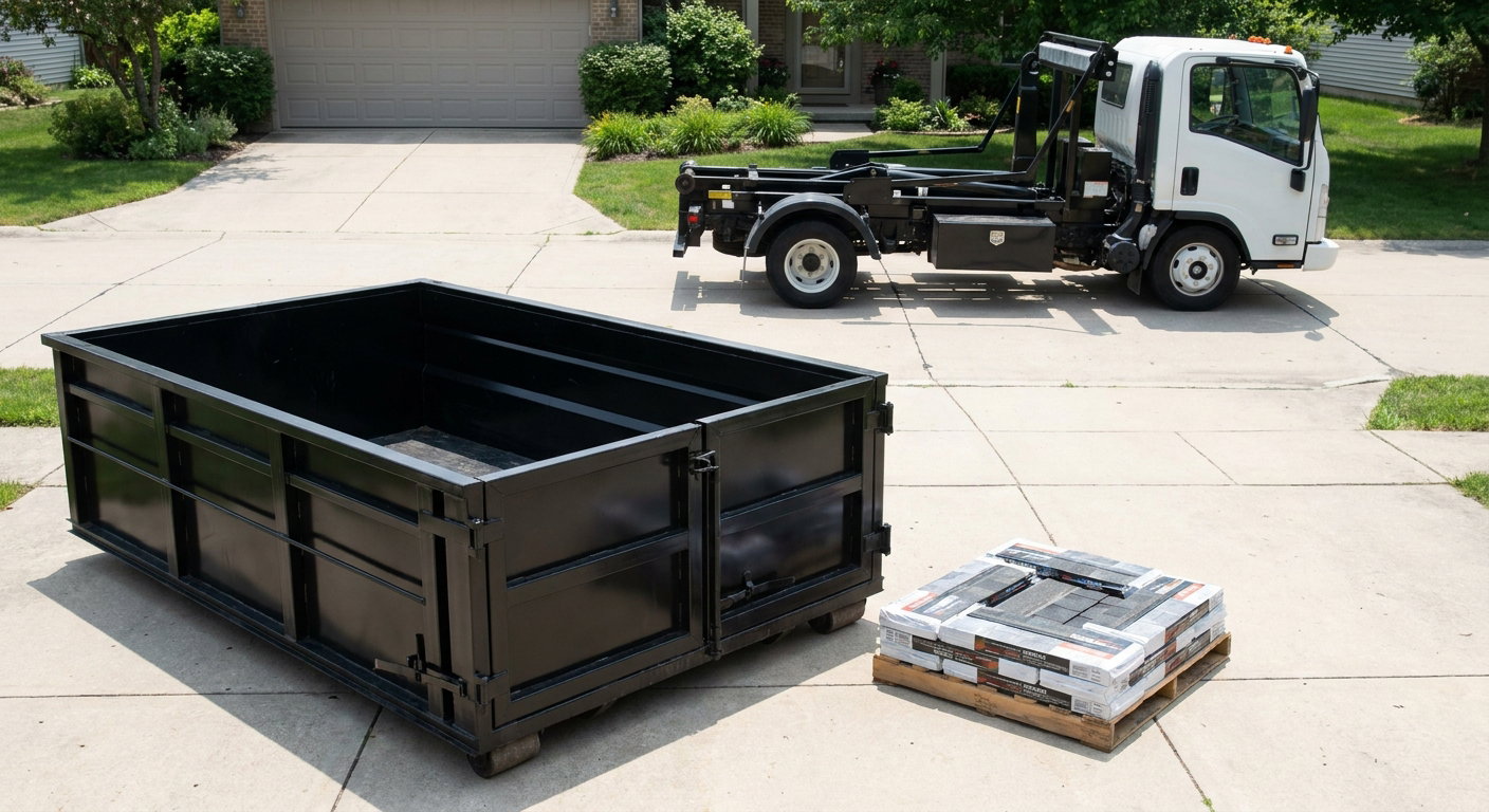 Matte-black 15-yard roofing roll-off dumpster with reinforced low side walls sitting directly on a Cedar Rapids residential concrete driveway, three-tab asphalt shingle bundles stacked nearby, an unmarked white hauler truck partially visible at the edge of the frame.