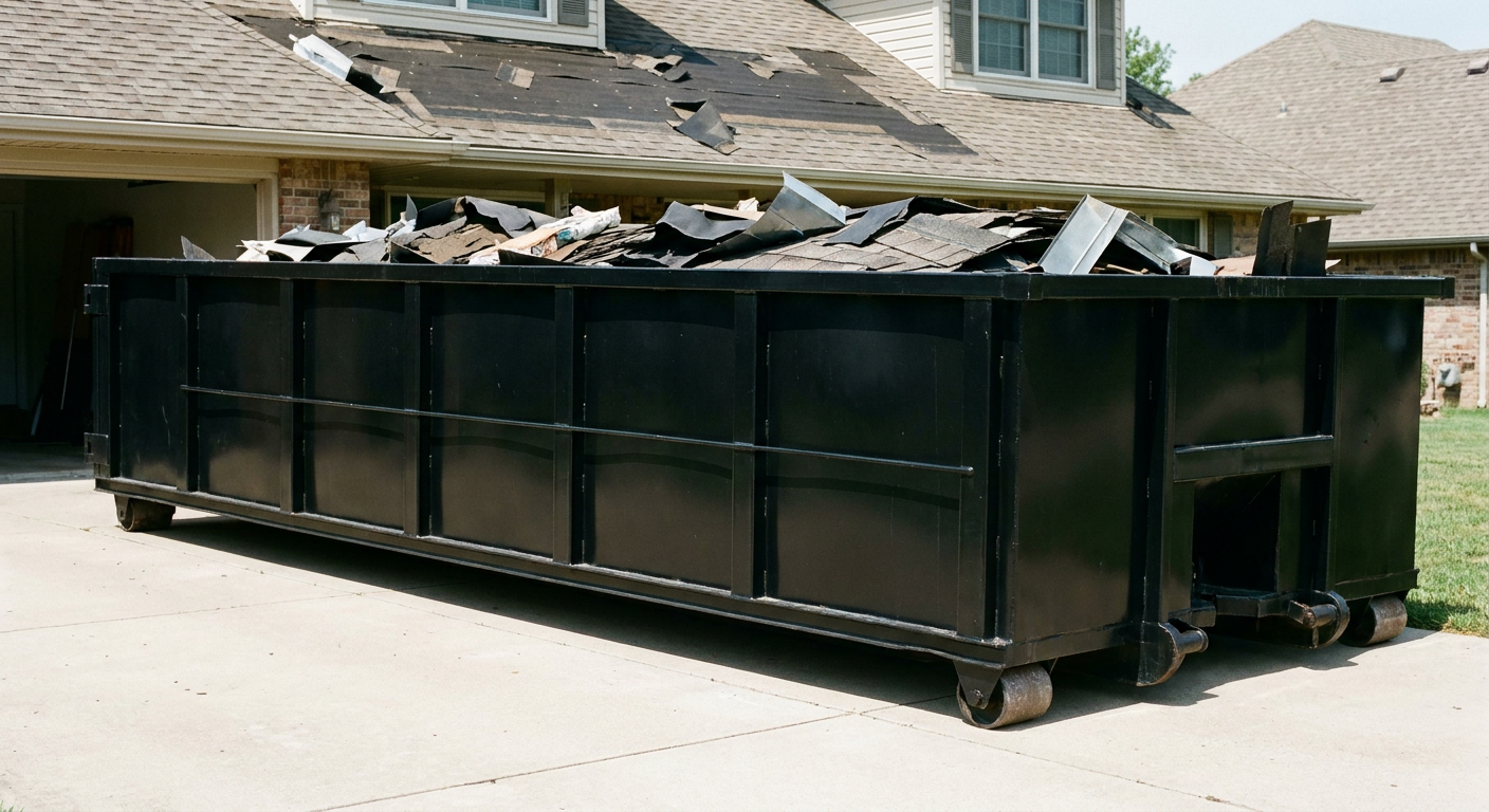 Matte-black 20-yard roofing roll-off dumpster with steel ribbed sides and swinging rear door, sitting directly on the concrete driveway of a two-story Cedar Rapids home, asphalt shingle debris being loaded over the low wall, clean documentary lighting.