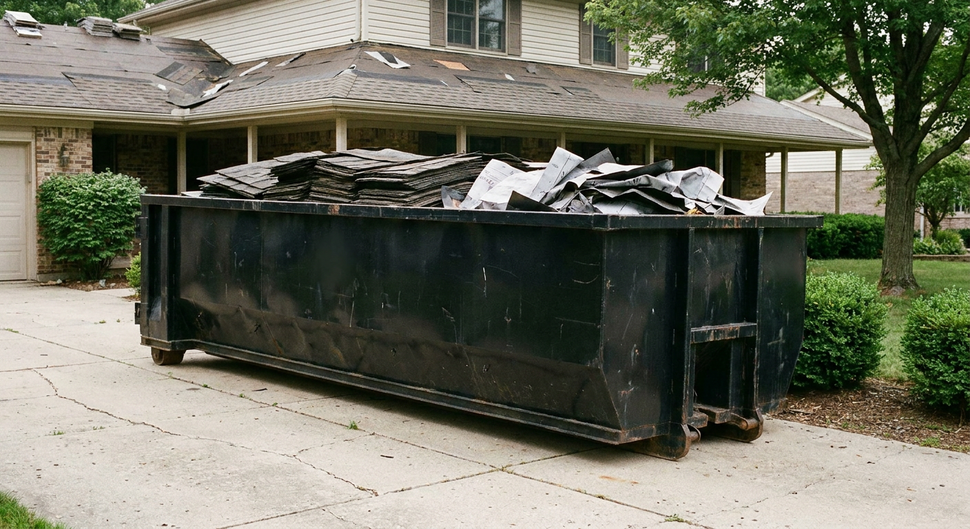 Matte-black 30-yard roofing roll-off dumpster sitting directly on a Cedar Rapids concrete driveway, taller ribbed steel side panels, mixed tear-off debris of asphalt shingles and underlayment inside, professional documentary daylight.
