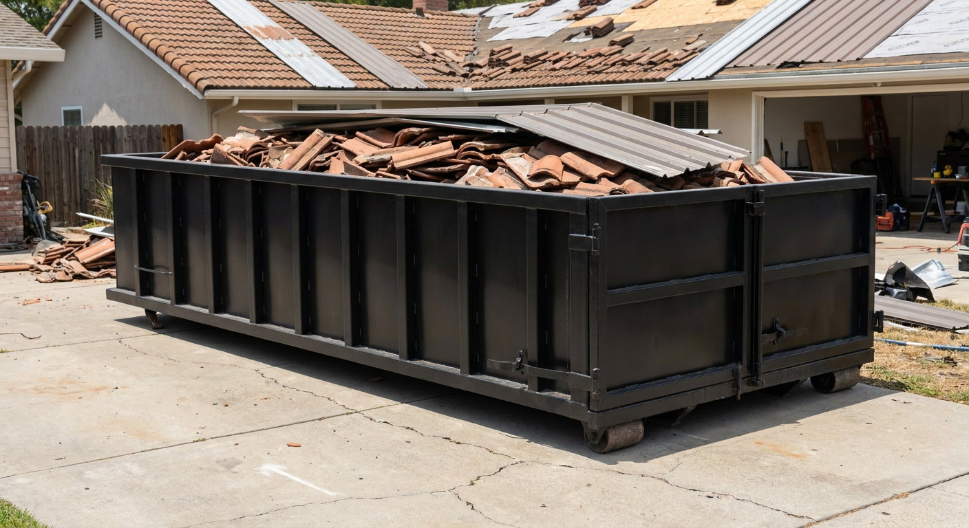 Matte-black low-wall heavy-debris roofing roll-off dumpster sitting directly on a Cedar Rapids concrete driveway, broken concrete clay roof tiles and metal panel sections loaded inside, reinforced ribbed steel side walls visible, bright outdoor daylight.