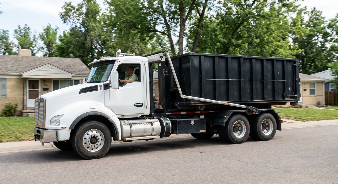 A wide documentary shot of a matte-black roll-off delivery truck pulling onto a quiet Cedar Rapids residential street at mid-morning, with neighborhood rooftops and tree-lined blocks visible behind, showing the metro coverage footprint.