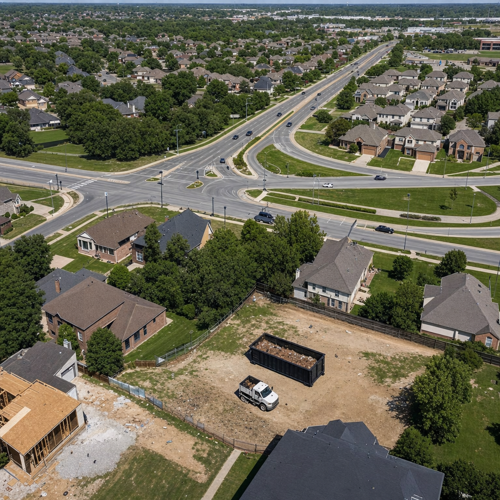 An overhead documentary view of the Cedar Rapids metro area at midday, showing the spread of neighborhoods, arterial roads, and the dispatch radius from a central yard — clean daylight, organized geographic layout.