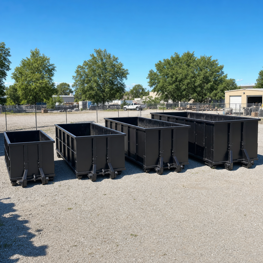 A clean lineup of matte-black roll-off dumpsters in 10, 20, 30, and 40-yard sizes staged on a sunlit gravel yard in Cedar Rapids, showing the size progression from compact to commercial-scale containers.