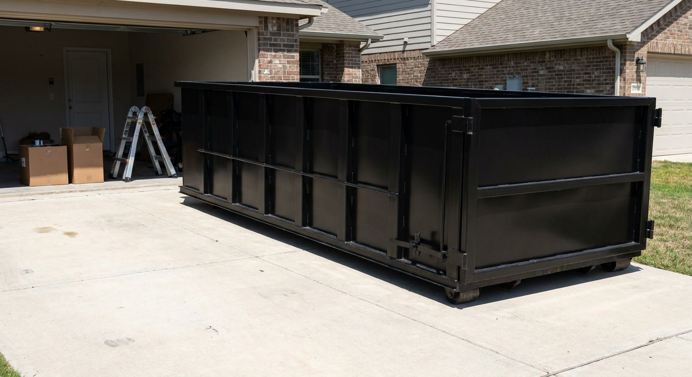 A matte-black 10-yard roll-off dumpster sitting directly on a residential Cedar Rapids concrete driveway, mid-day sunlight, clean and ready for a garage cleanout.