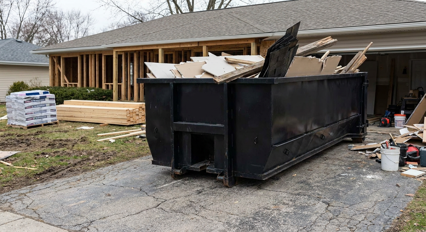 A matte-black 20-yard roll-off dumpster placed alongside a mid-renovation Cedar Rapids home directly on the asphalt driveway, with framing materials and torn-off shingles staged neatly nearby.