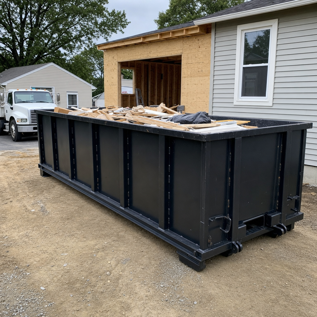 A matte-black 30-yard roll-off dumpster positioned at a Cedar Rapids residential addition jobsite, with framing lumber and drywall scraps loaded through the open swinging rear doors.