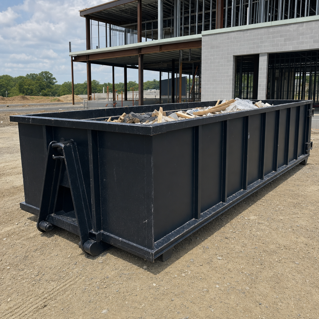 A matte-black 40-yard roll-off dumpster staged on a large Cedar Rapids commercial construction lot, with a hooklift delivery truck parked alongside under bright midday sky.
