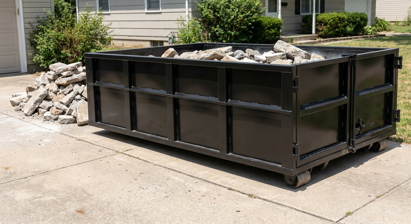 A matte-black low-side heavy-debris roll-off dumpster placed directly on a Cedar Rapids concrete driveway, with broken concrete chunks neatly stacked beside it under clean daylight.
